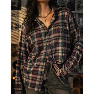 Vintage Plaid Button Up Shirt Purple Green  90s Grunge Cotton Button-Down Size L